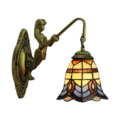 Lisslune | Bell Stained Glass Wall Lamp Baroque 1 Head 6"/8" Wide Bronze Wall Mounted Light with Mermaid Backplate