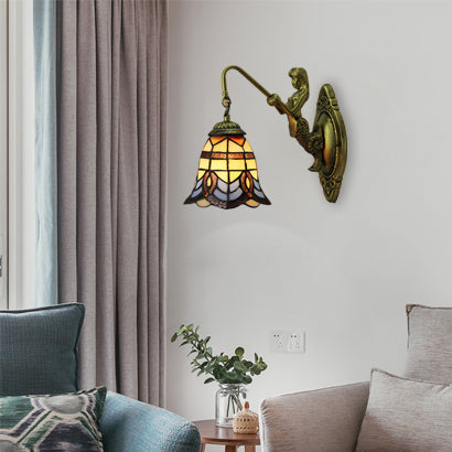 Lisslune | Bell Stained Glass Wall Lamp Baroque 1 Head 6"/8" Wide Bronze Wall Mounted Light with Mermaid Backplate