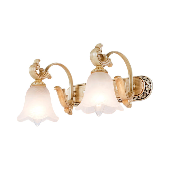Skørter | 1/2/3-Head Flower Vanity Light Fixture Colonial Style Gold Opal Glass Wall Lamp for Bathroom