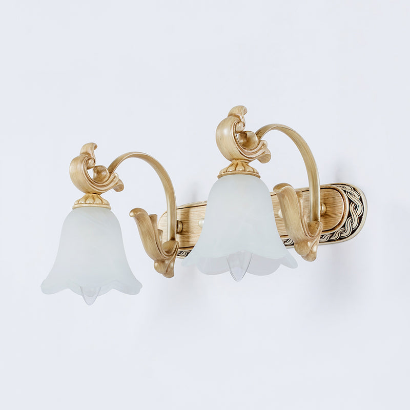 Skørter | 1/2/3-Head Flower Vanity Light Fixture Colonial Style Gold Opal Glass Wall Lamp for Bathroom