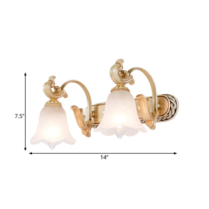 Skørter | 1/2/3-Head Flower Vanity Light Fixture Colonial Style Gold Opal Glass Wall Lamp for Bathroom