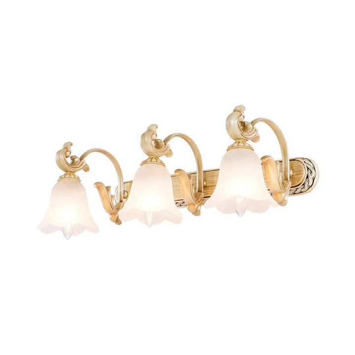 Skørter | 1/2/3-Head Flower Vanity Light Fixture Colonial Style Gold Opal Glass Wall Lamp for Bathroom