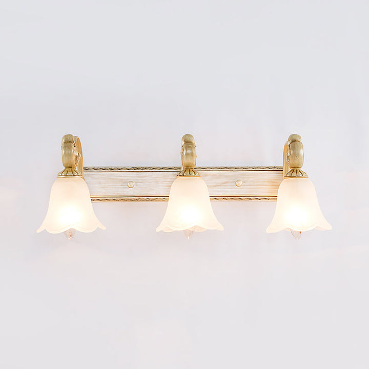 Skørter | 1/2/3-Head Flower Vanity Light Fixture Colonial Style Gold Opal Glass Wall Lamp for Bathroom