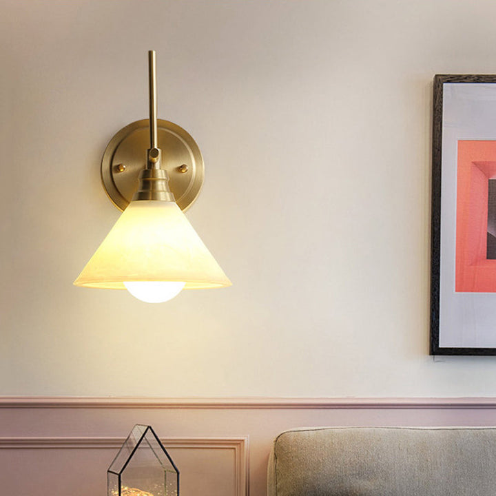 Skørter | Cream Glass Cone Wall Sconce Lighting Vintage 1 Head Nightstand Wall Lamp Light in Brass