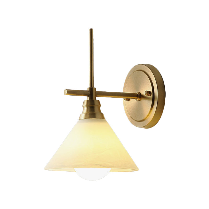 Skørter | Cream Glass Cone Wall Sconce Lighting Vintage 1 Head Nightstand Wall Lamp Light in Brass