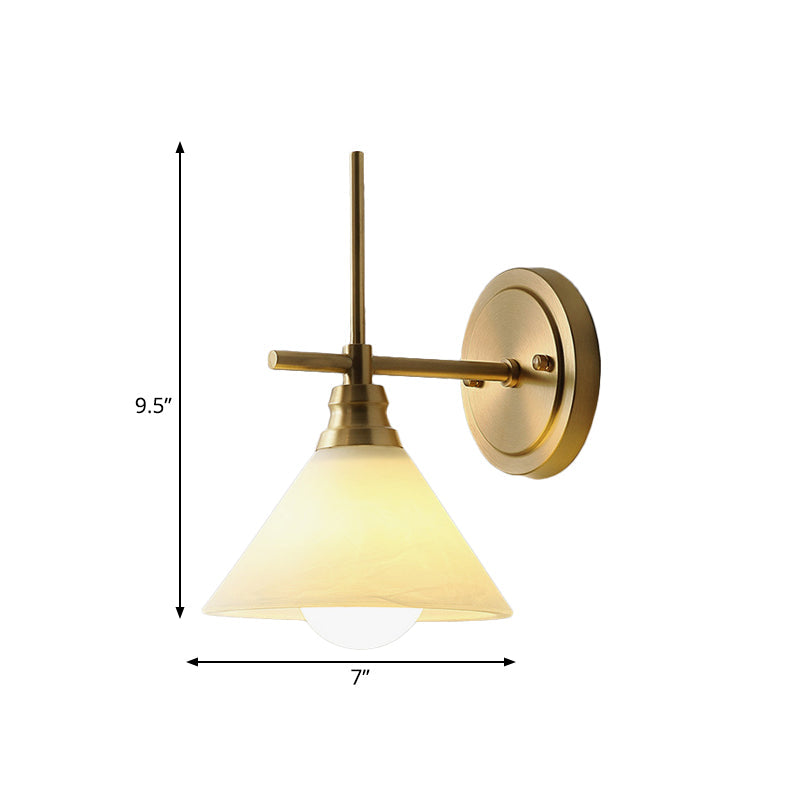 Skørter | Cream Glass Cone Wall Sconce Lighting Vintage 1 Head Nightstand Wall Lamp Light in Brass