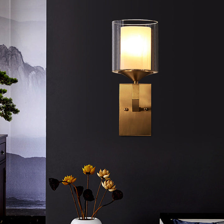 Skørter | 1-light wall lamp fitting colonial style 2-layer cylindrical clear and opal glass wall lighting in brass