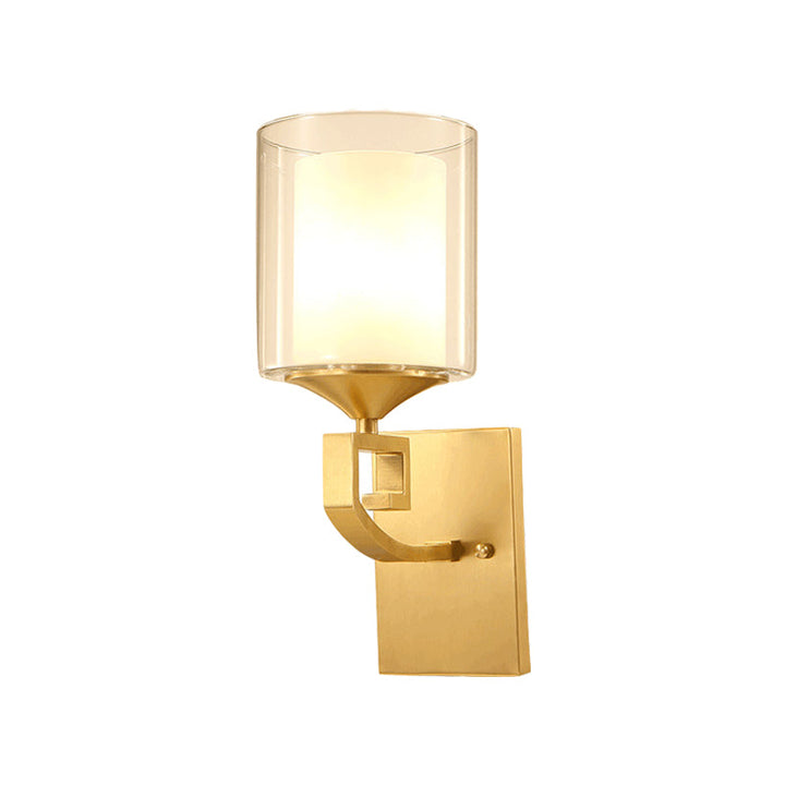 Skørter | 1-light wall lamp fitting colonial style 2-layer cylindrical clear and opal glass wall lighting in brass