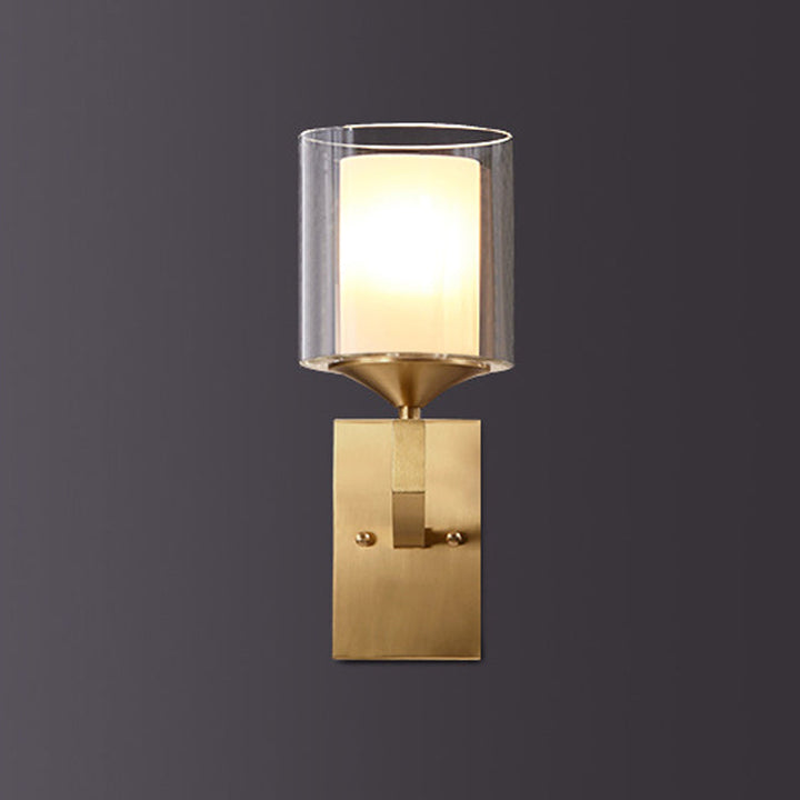 Skørter | 1-light wall lamp fitting colonial style 2-layer cylindrical clear and opal glass wall lighting in brass