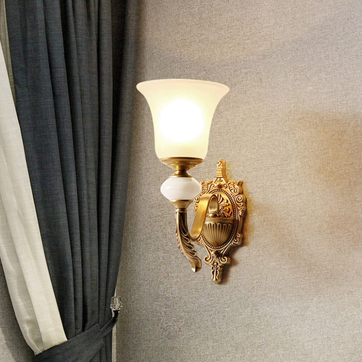 Skørter | Opal Glass Bell Up Wall Lamp Traditional 1-Light Stair Wall Mount Light Fixture in Brass