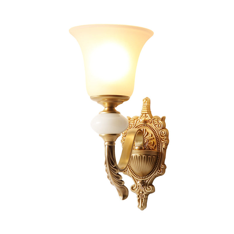 Skørter | Opal Glass Bell Up Wall Lamp Traditional 1-Light Stair Wall Mount Light Fixture in Brass