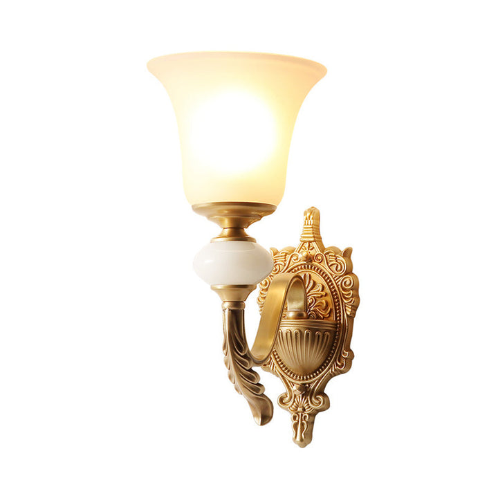 Skørter | Opal Glass Bell Up Wall Lamp Traditional 1-Light Stair Wall Mount Light Fixture in Brass