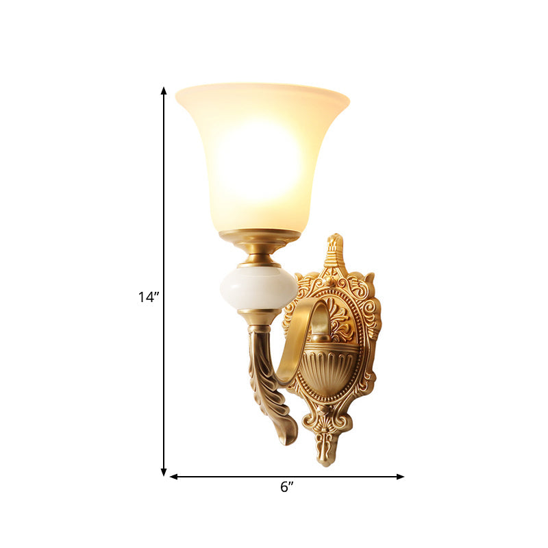 Skørter | Opal Glass Bell Up Wall Lamp Traditional 1-Light Stair Wall Mount Light Fixture in Brass