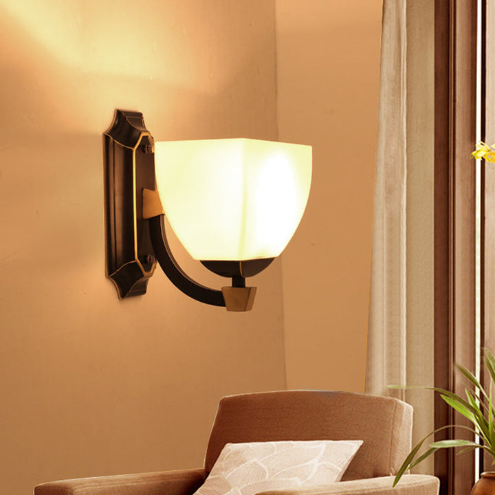 Skørter | Milk glass Black wall lighting Curved 1 head Retro style wall lamp for Living room