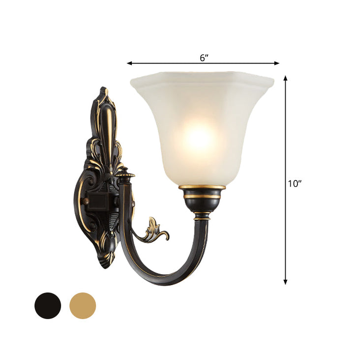 Skørter | Curved Arm Corridor Wall Lamp Traditional Metal 1/2-Cup Brass/Black and Gold Sconce Light with Carved Frosted Glass Shade