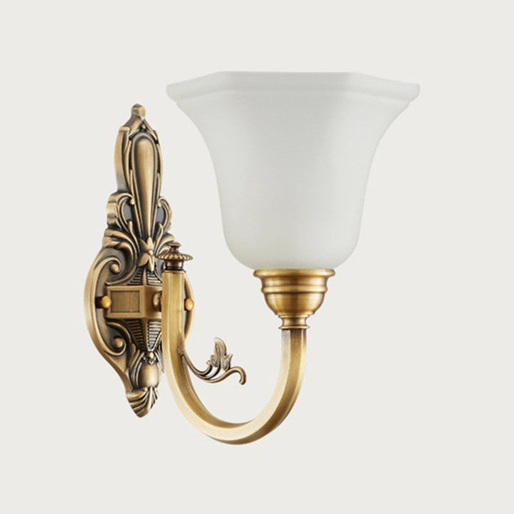 Skørter | Curved Arm Corridor Wall Lamp Traditional Metal 1/2-Cup Brass/Black and Gold Sconce Light with Carved Frosted Glass Shade