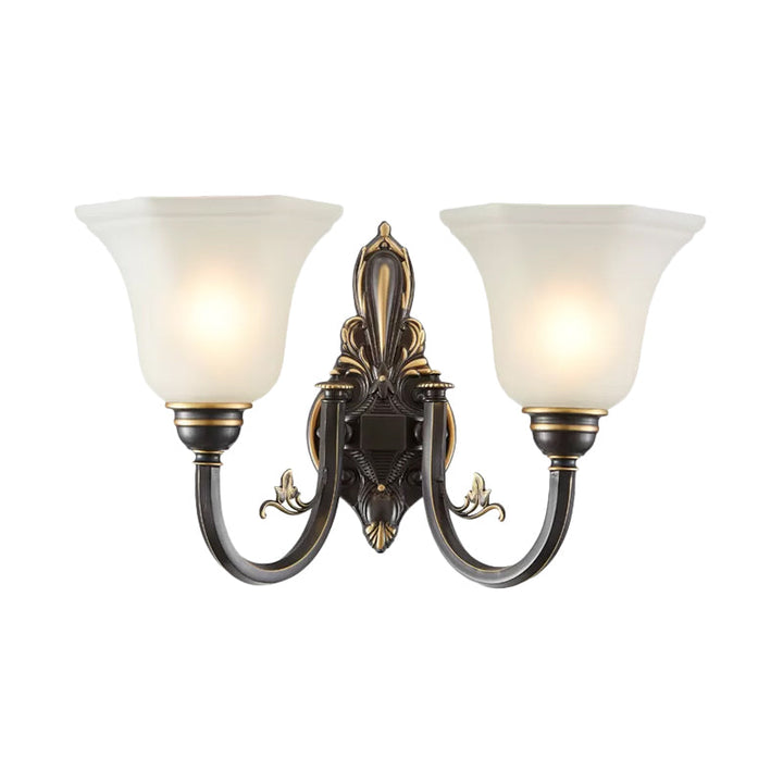Skørter | Curved Arm Corridor Wall Lamp Traditional Metal 1/2-Cup Brass/Black and Gold Sconce Light with Carved Frosted Glass Shade
