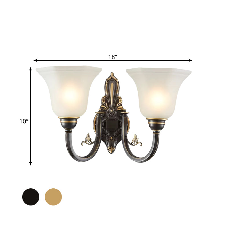 Skørter | Curved Arm Corridor Wall Lamp Traditional Metal 1/2-Cup Brass/Black and Gold Sconce Light with Carved Frosted Glass Shade