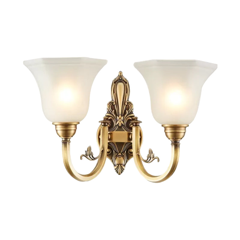 Skørter | Curved Arm Corridor Wall Lamp Traditional Metal 1/2-Cup Brass/Black and Gold Sconce Light with Carved Frosted Glass Shade