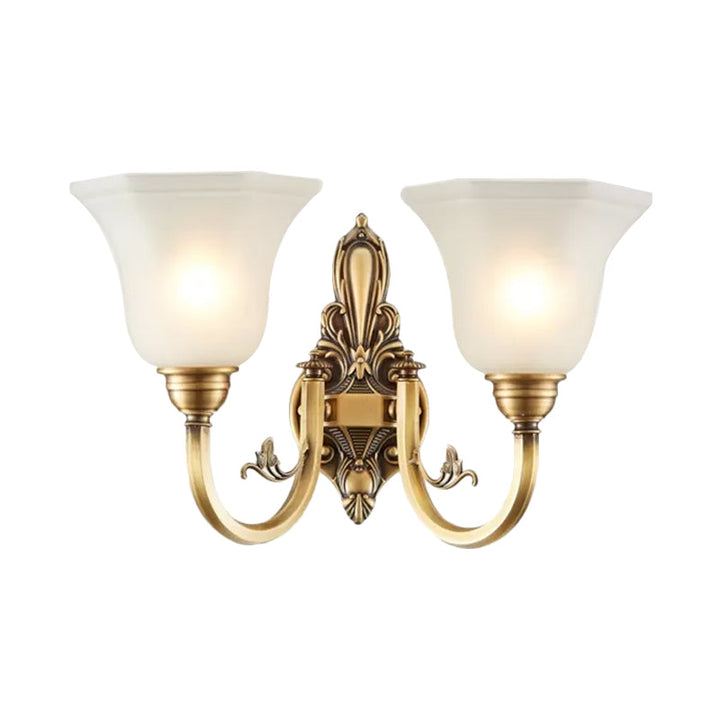 Skørter | Curved Arm Corridor Wall Lamp Traditional Metal 1/2-Cup Brass/Black and Gold Sconce Light with Carved Frosted Glass Shade