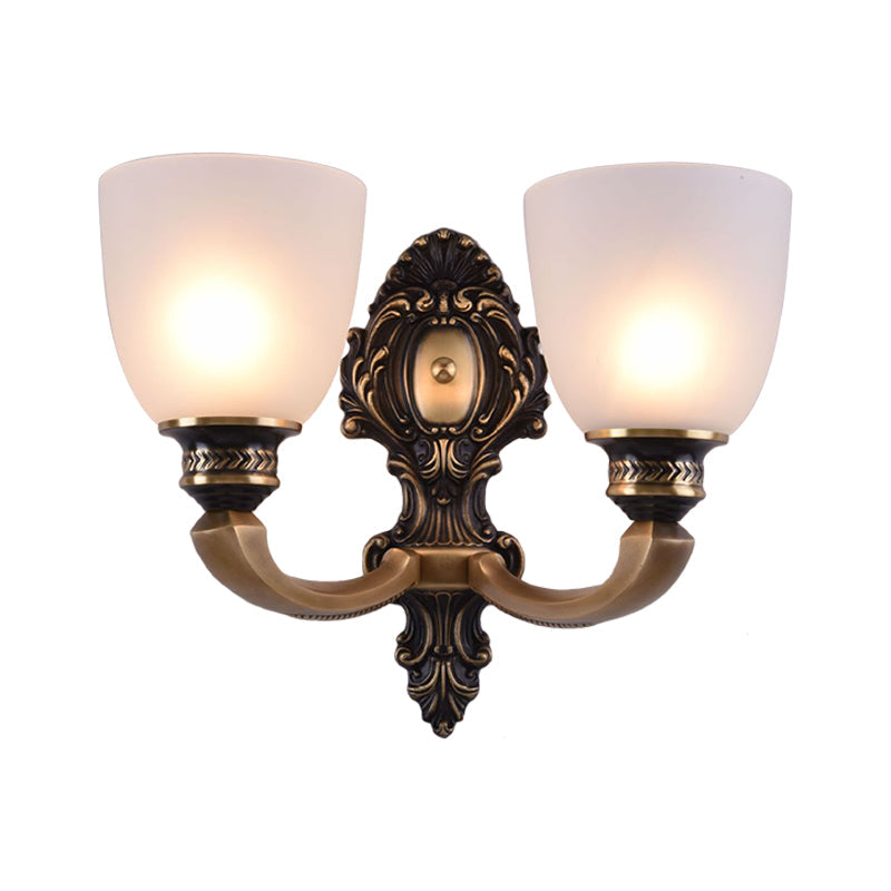 Skørter | Dome Frosted Glass Wall Mount Light Fixture Classic Style 1/2 Cups Bedroom Wall Lighting in Brass