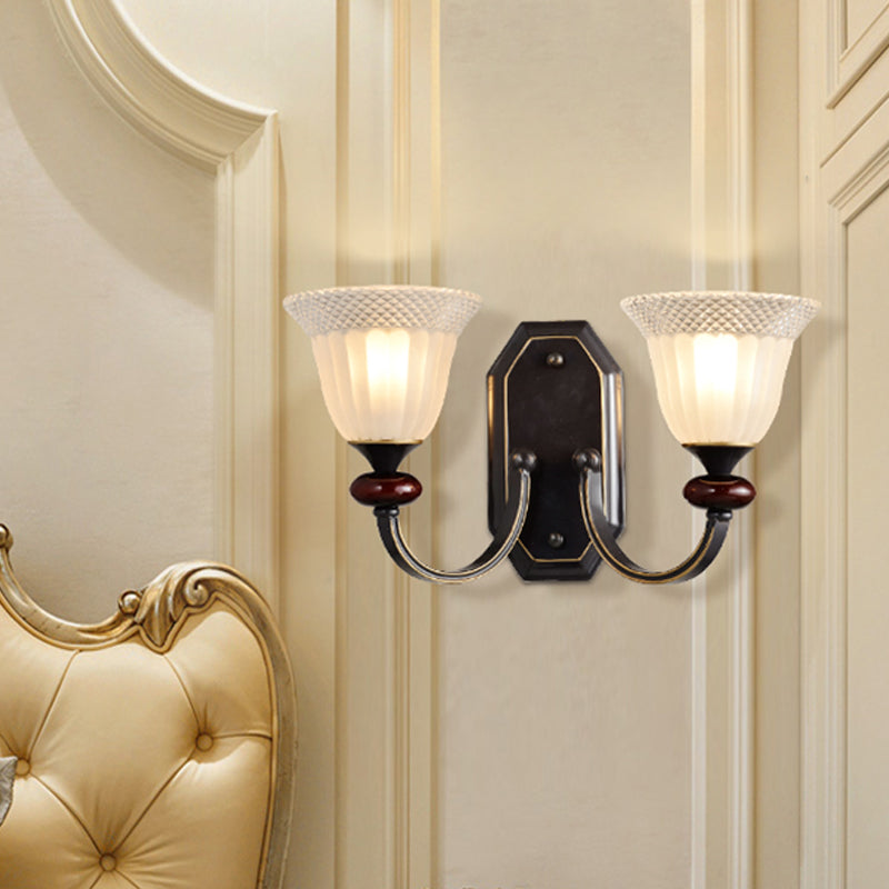 Skørter | Metal Black Wall Lamp Curved Arm 1/2-Light Country Wall Lighting Fixture with Clear Glass Shade