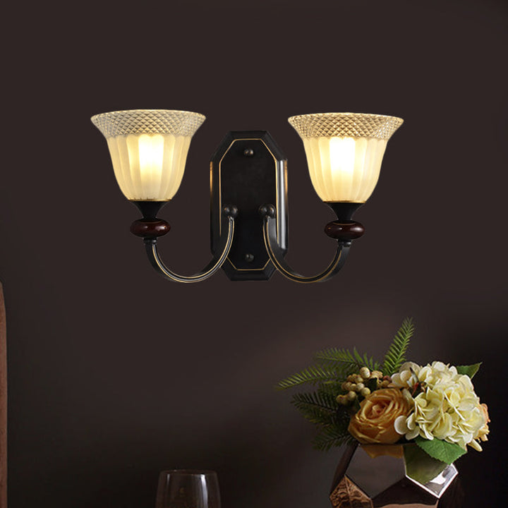 Skørter | Metal Black Wall Lamp Curved Arm 1/2-Light Country Wall Lighting Fixture with Clear Glass Shade