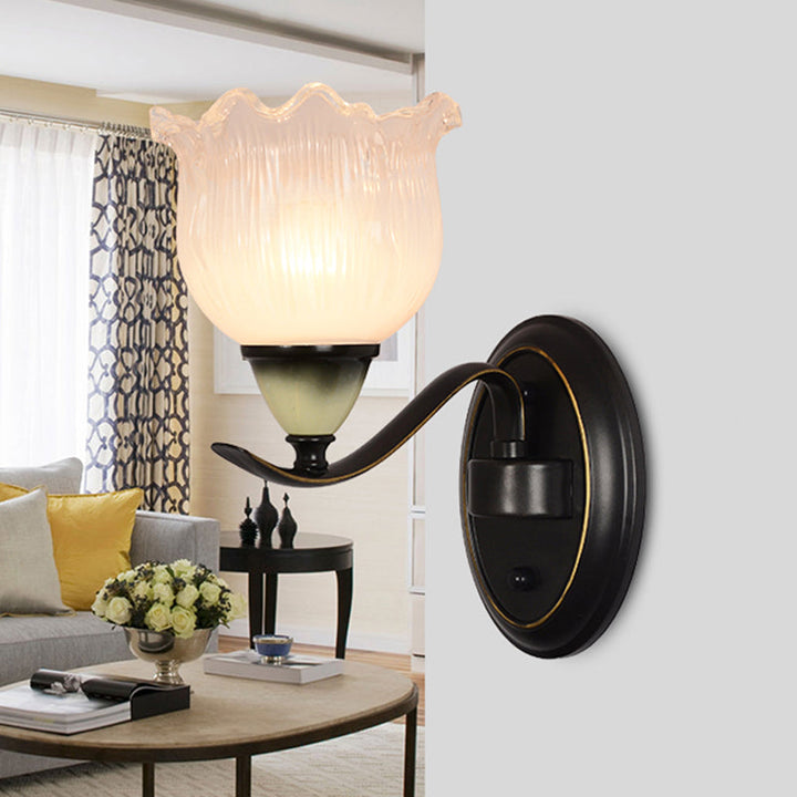 Skørter | Clear Ribbed Glass Flower Wall Lamp Country House 1/2 Lights Living Room Wall Mounted Lighting in Black