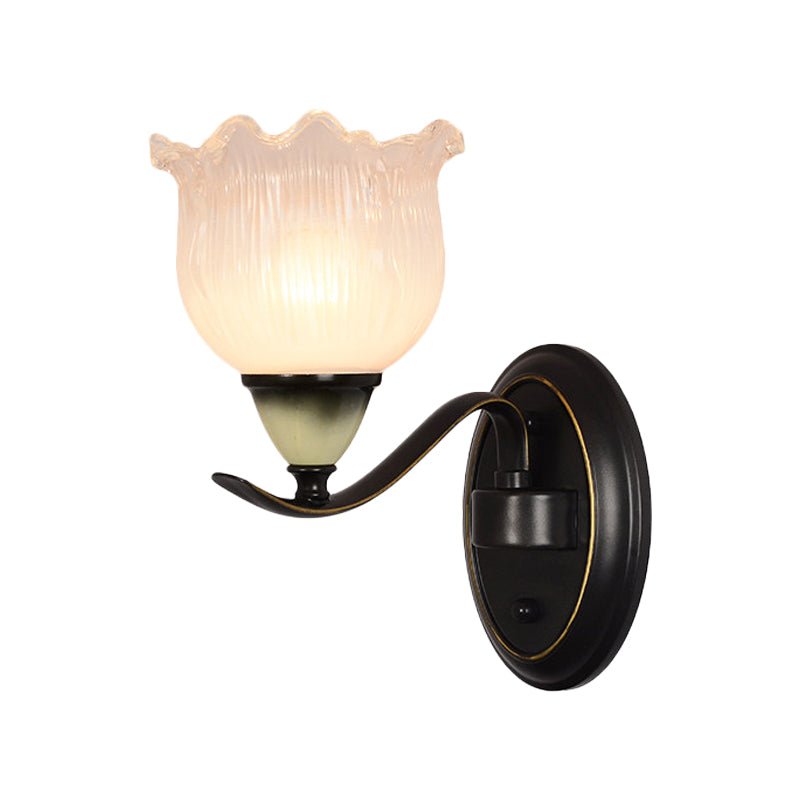 Skørter | Clear Ribbed Glass Flower Wall Lamp Country House 1/2 Lights Living Room Wall Mounted Lighting in Black