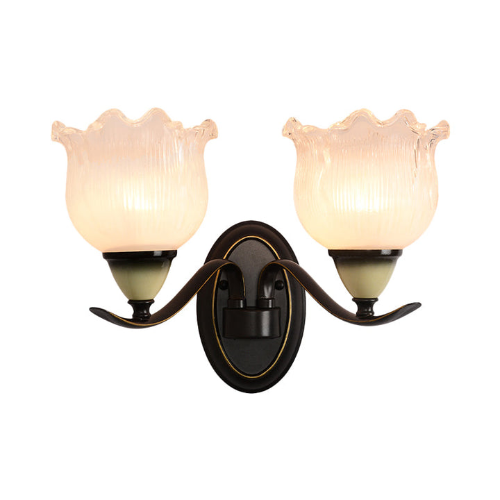 Skørter | Clear Ribbed Glass Flower Wall Lamp Country House 1/2 Lights Living Room Wall Mounted Lighting in Black