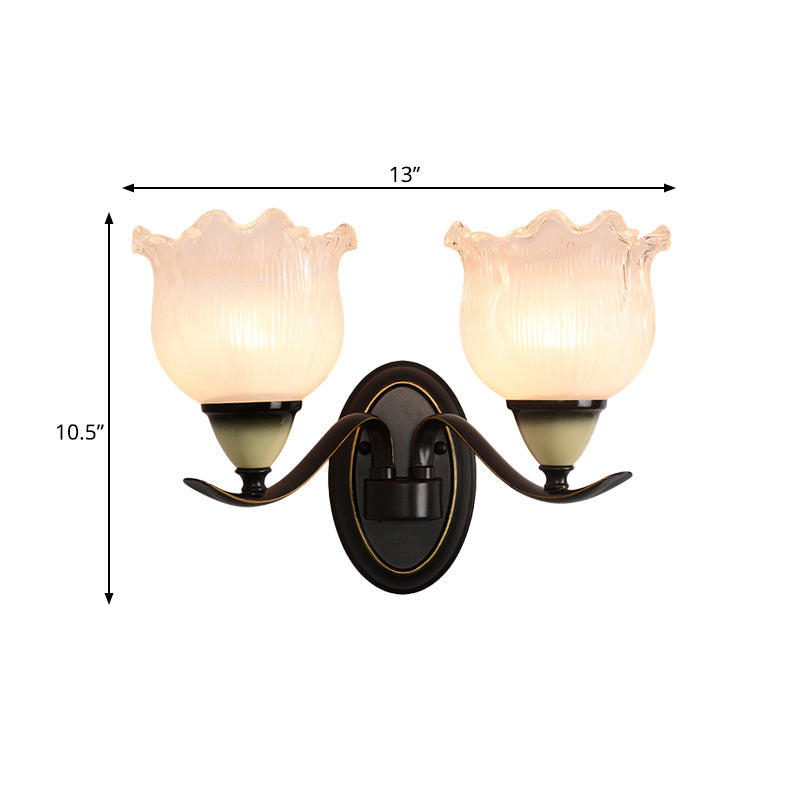 Skørter | Clear Ribbed Glass Flower Wall Lamp Country House 1/2 Lights Living Room Wall Mounted Lighting in Black
