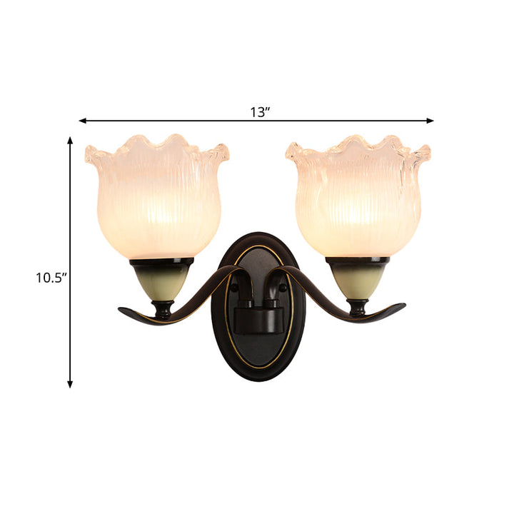 Skørter | Clear Ribbed Glass Flower Wall Lamp Country House 1/2 Lights Living Room Wall Mounted Lighting in Black