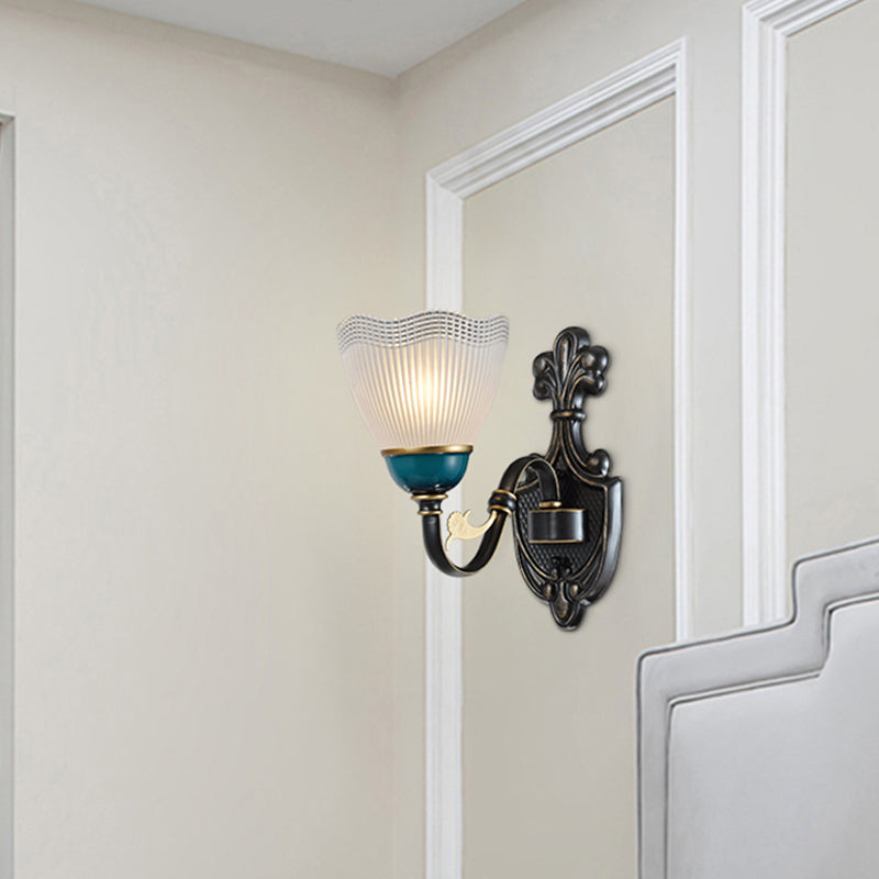 Skørter | Country Twisted Arm Wall Lamp 1/2-Cap Metal Sconce Lamp in Black and Blue with Dome Frosted Ribbed Glass Shade