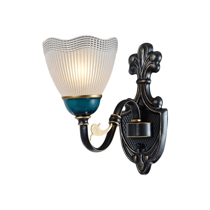 Skørter | Country Twisted Arm Wall Lamp 1/2-Cap Metal Sconce Lamp in Black and Blue with Dome Frosted Ribbed Glass Shade