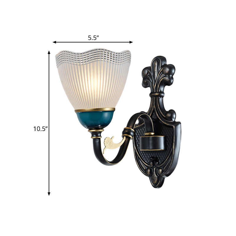 Skørter | Country Twisted Arm Wall Lamp 1/2-Cap Metal Sconce Lamp in Black and Blue with Dome Frosted Ribbed Glass Shade