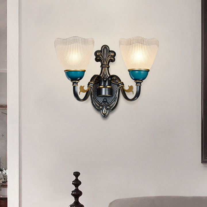 Skørter | Country Twisted Arm Wall Lamp 1/2-Cap Metal Sconce Lamp in Black and Blue with Dome Frosted Ribbed Glass Shade