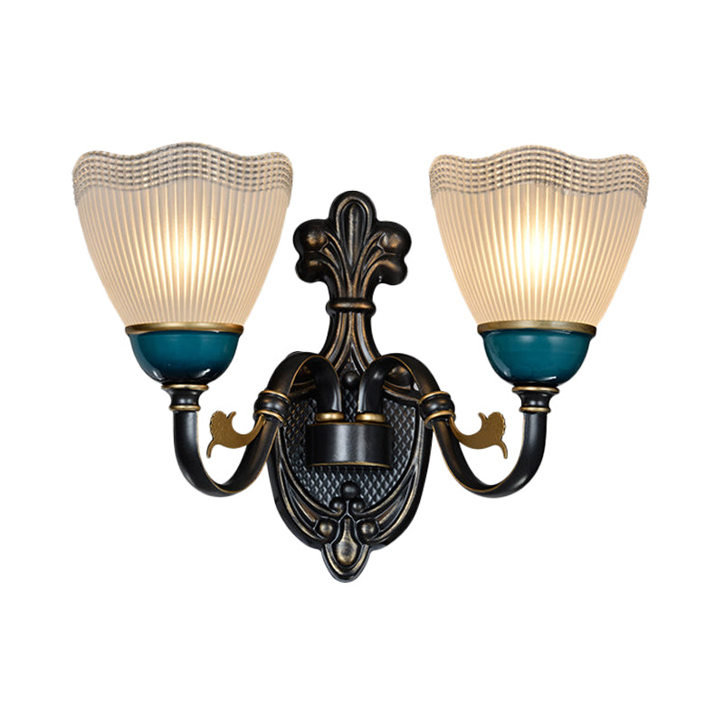 Skørter | Country Twisted Arm Wall Lamp 1/2-Cap Metal Sconce Lamp in Black and Blue with Dome Frosted Ribbed Glass Shade