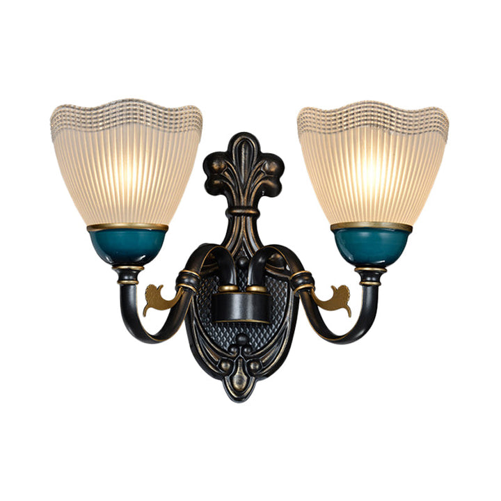 Skørter | Country Twisted Arm Wall Lamp 1/2-Cap Metal Sconce Lamp in Black and Blue with Dome Frosted Ribbed Glass Shade