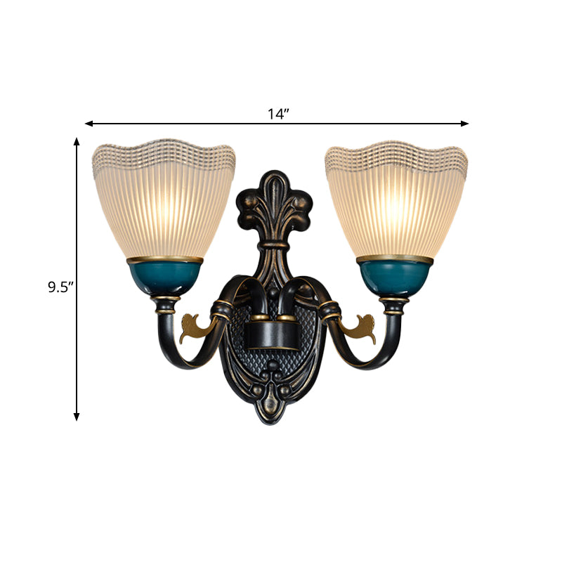 Skørter | Country Twisted Arm Wall Lamp 1/2-Cap Metal Sconce Lamp in Black and Blue with Dome Frosted Ribbed Glass Shade