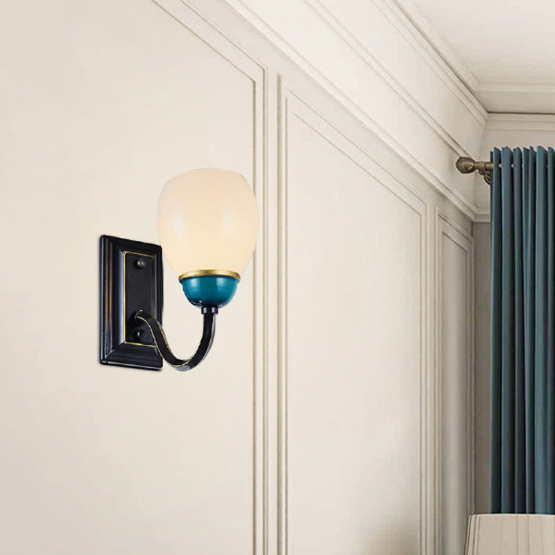 Skørter | 1/2-Head Globe Wall Lamp Fixture Country Black and Blue Opal Glass Wall Light Sconces with Curved Arm