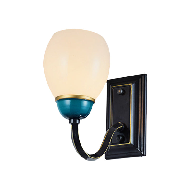 Skørter | 1/2-Head Globe Wall Lamp Fixture Country Black and Blue Opal Glass Wall Light Sconces with Curved Arm