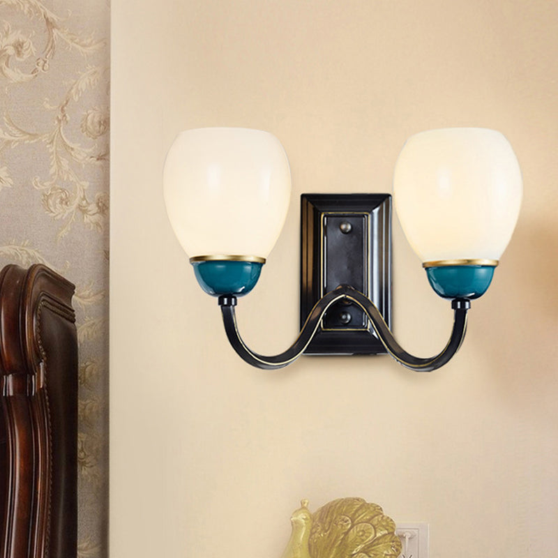 Skørter | 1/2-Head Globe Wall Lamp Fixture Country Black and Blue Opal Glass Wall Light Sconces with Curved Arm