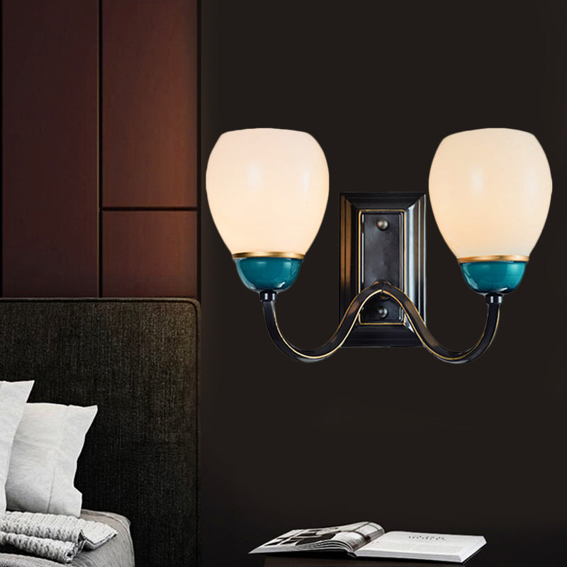 Skørter | 1/2-Head Globe Wall Lamp Fixture Country Black and Blue Opal Glass Wall Light Sconces with Curved Arm