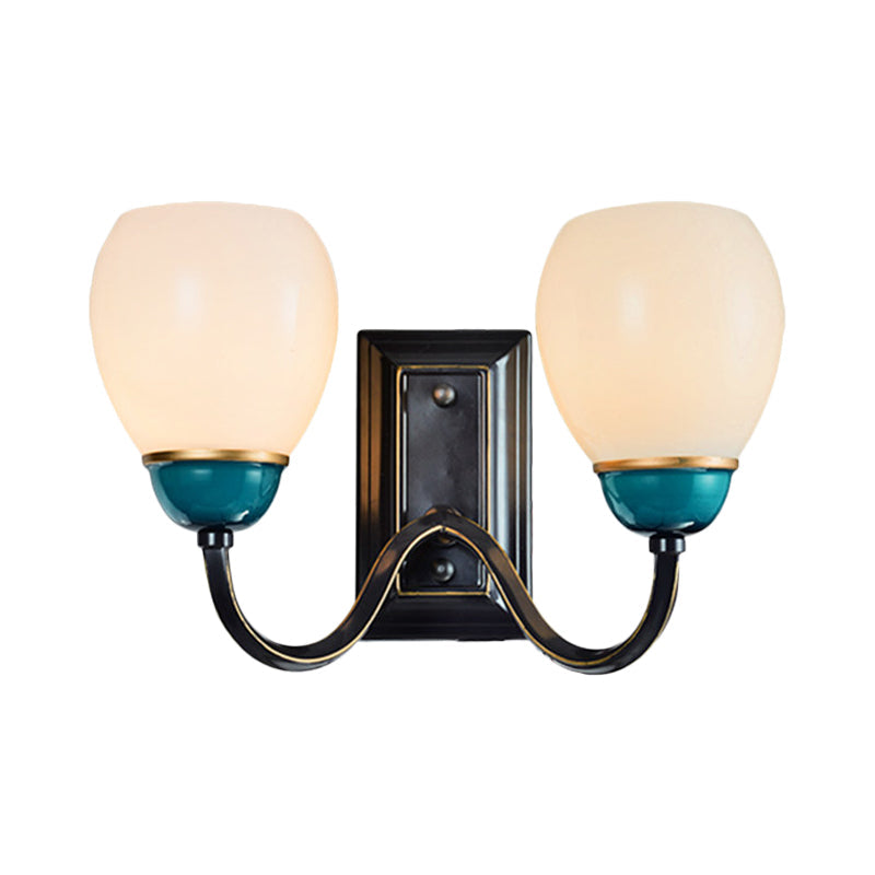 Skørter | 1/2-Head Globe Wall Lamp Fixture Country Black and Blue Opal Glass Wall Light Sconces with Curved Arm