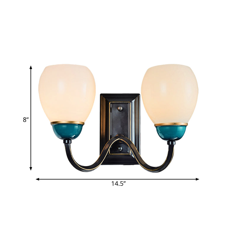 Skørter | 1/2-Head Globe Wall Lamp Fixture Country Black and Blue Opal Glass Wall Light Sconces with Curved Arm