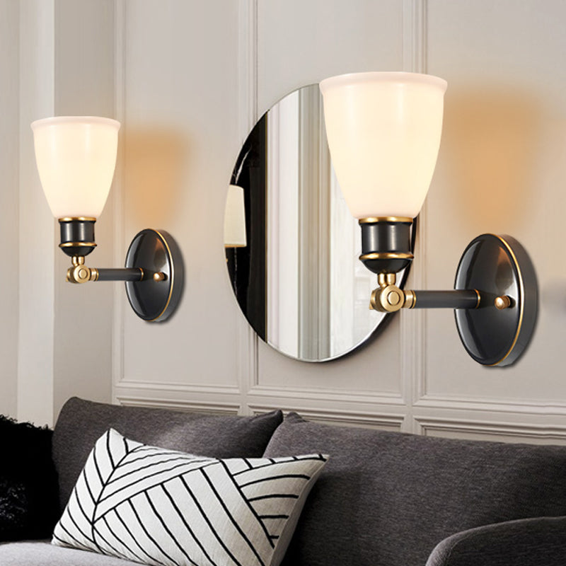 Skørter | Tapered White Glass Wall Light Fixture Rustic 1 Light Bedroom Wall Mount Light in Brass