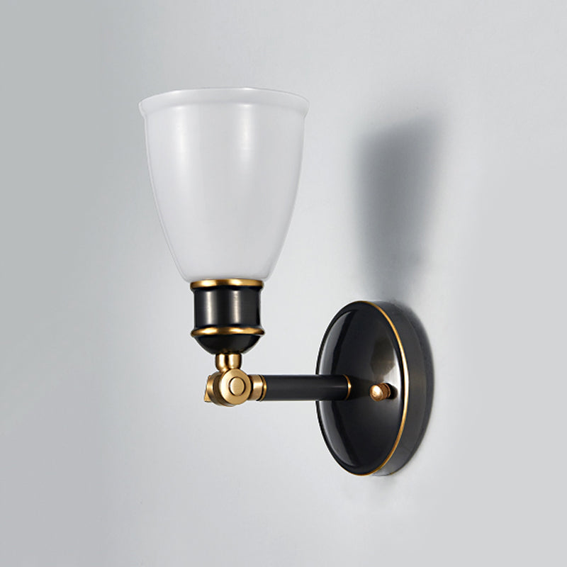 Skørter | Tapered White Glass Wall Light Fixture Rustic 1 Light Bedroom Wall Mount Light in Brass