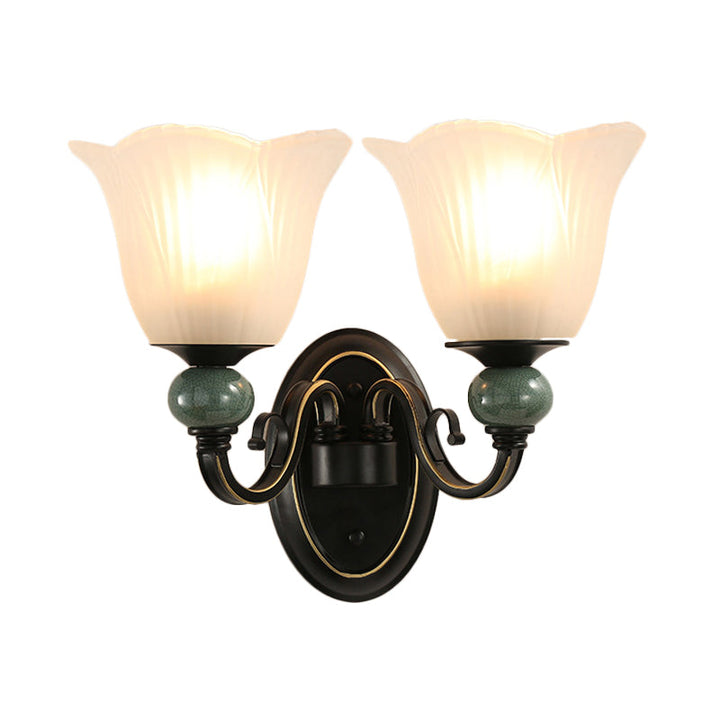 Skørter | Black Flowing Wall Lamp Traditional Opal Ribbed Glass 1/2 Bulbs Bedroom Wall Light with Swivel Arm