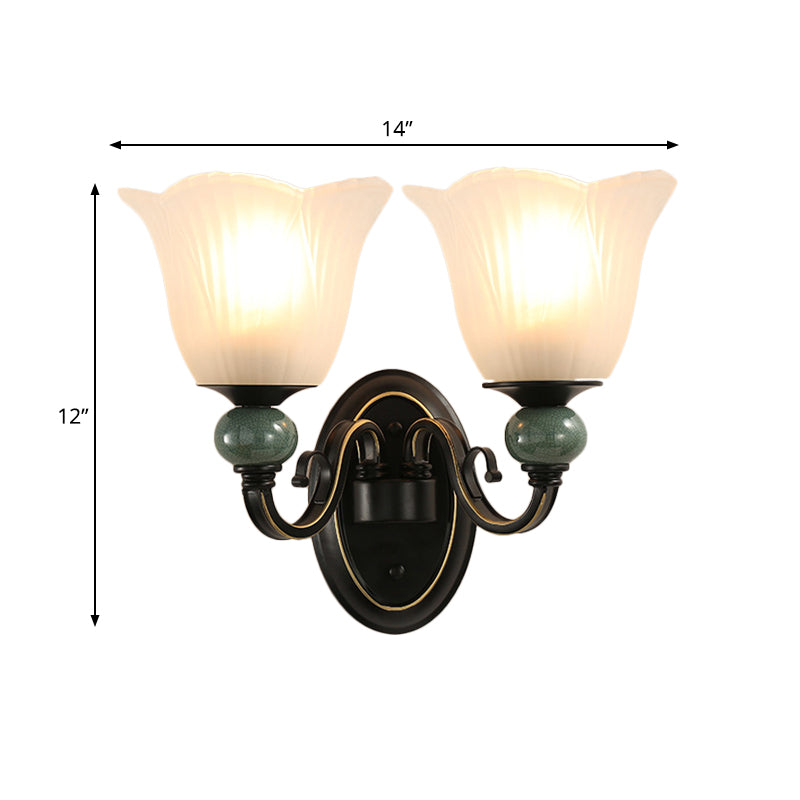 Skørter | Black Flowing Wall Lamp Traditional Opal Ribbed Glass 1/2 Bulbs Bedroom Wall Light with Swivel Arm