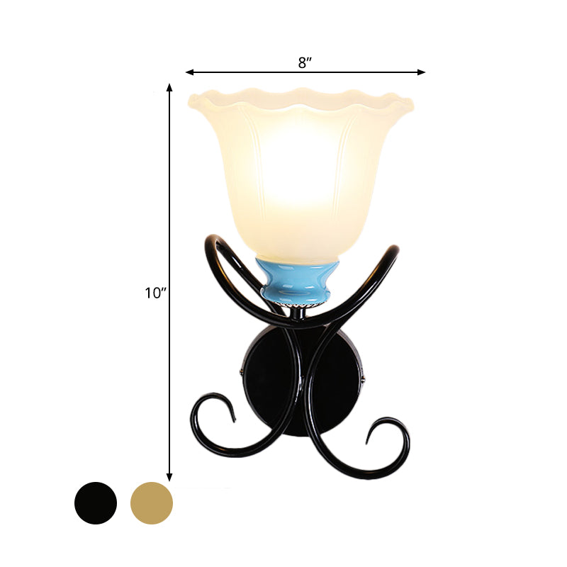 Skørter | 1 Light Frosted Glass Wall Lighting Rustic Black/Gold Expanding Hall Lamp with Twisted Arm